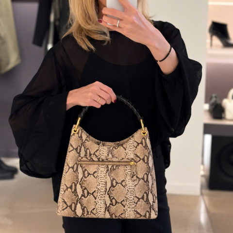 Luna Borsa Python Embossed Leather Bamboo Handle Shoulder Bag