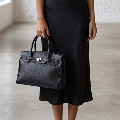 Vintage Ostrich Leather Birkin Style Satchel Bag
