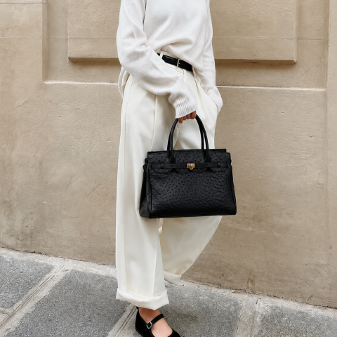 Vintage Ostrich Leather Birkin Style Satchel Bag