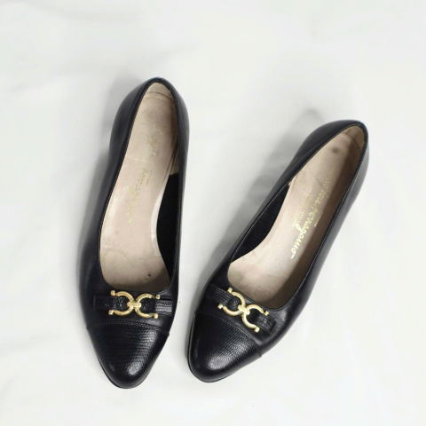 Salvatore Ferragamo Boutique Heel Black Lizard Leather Shoes 36