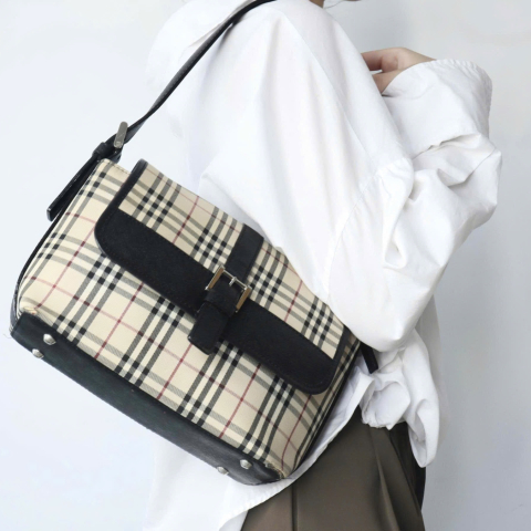Burberry Plaid Shoulder Bag Canvas Leather 