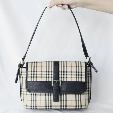 Burberry Plaid Shoulder Bag Canvas Leather 