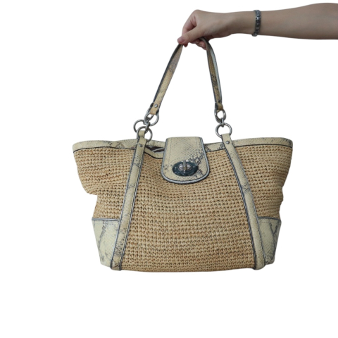 COACH Hampton Python Leather Trims Straw Turn Lock Shoulder Tote Bag