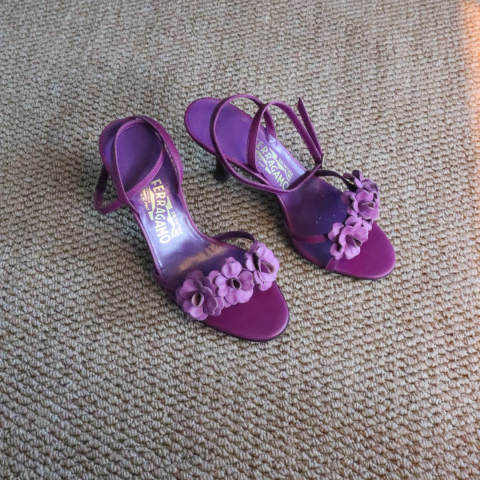 Vintage 90s Ferragamo Strappy Flower Heels Grape