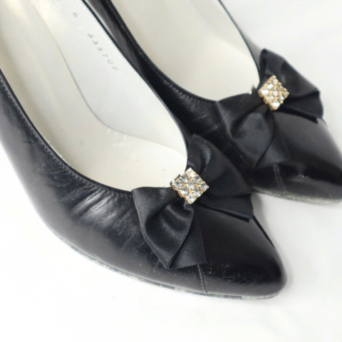 Christian Dior Heels Black Satin Bow Logo Pumps Shoes 37