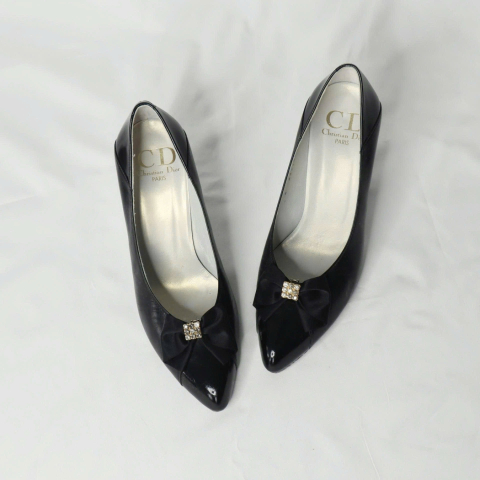Christian Dior Heels Black Satin Bow Logo Pumps Shoes 37
