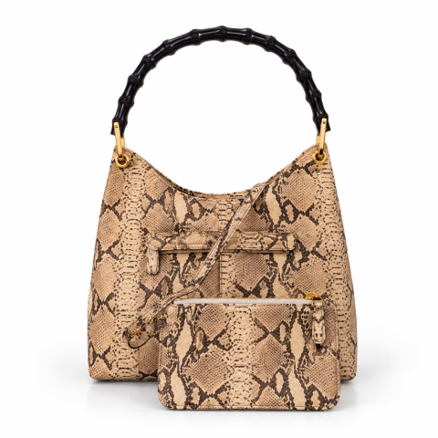 Luna Borsa Python Embossed Leather Bamboo Handle Shoulder Bag