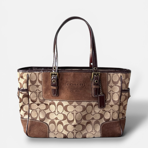 Coach Hampton Signature Canvas Suede Tote Handbag